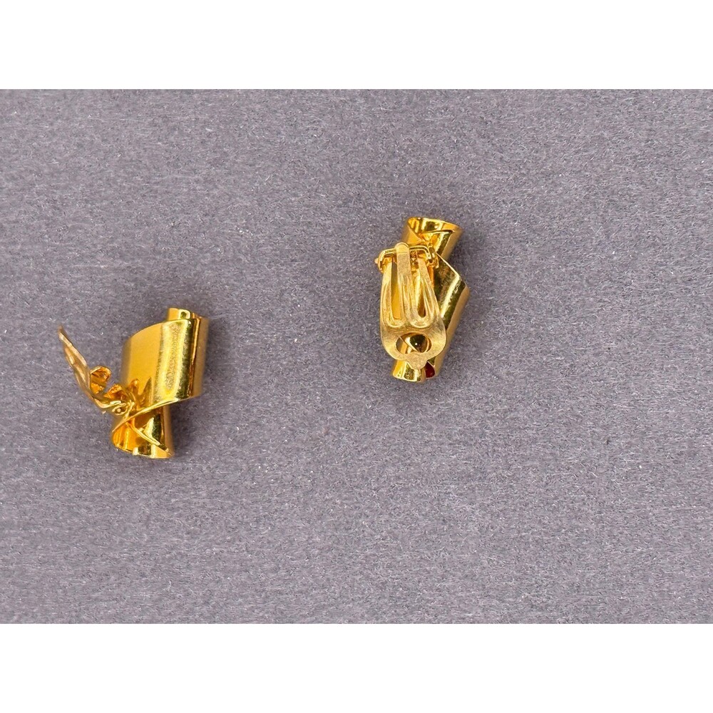 Vintage 1950s Gold Rhinestone Earrings Mid Century Sculptural Leaf Petite - Picture 6 of 8